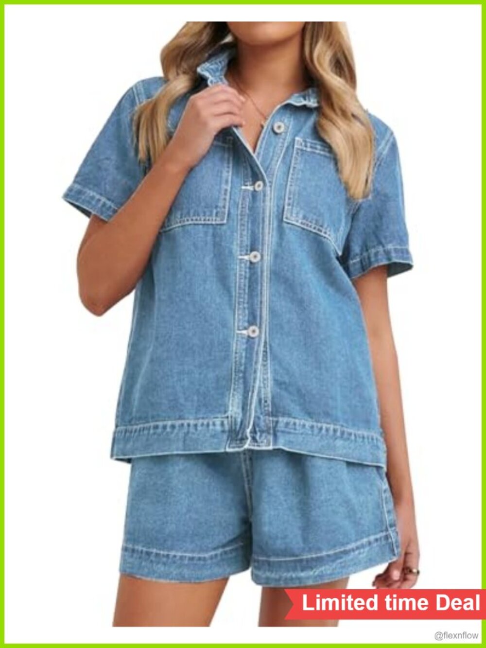 Womens Denim Two Piece Set Boxy Button Down Shirt & Shorts Lounge Casual
